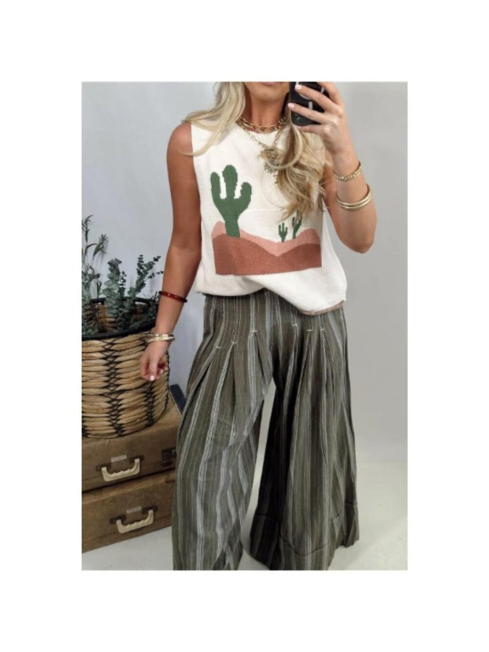 Multicolour Cactus Western Oasis Loose Sweater Vest